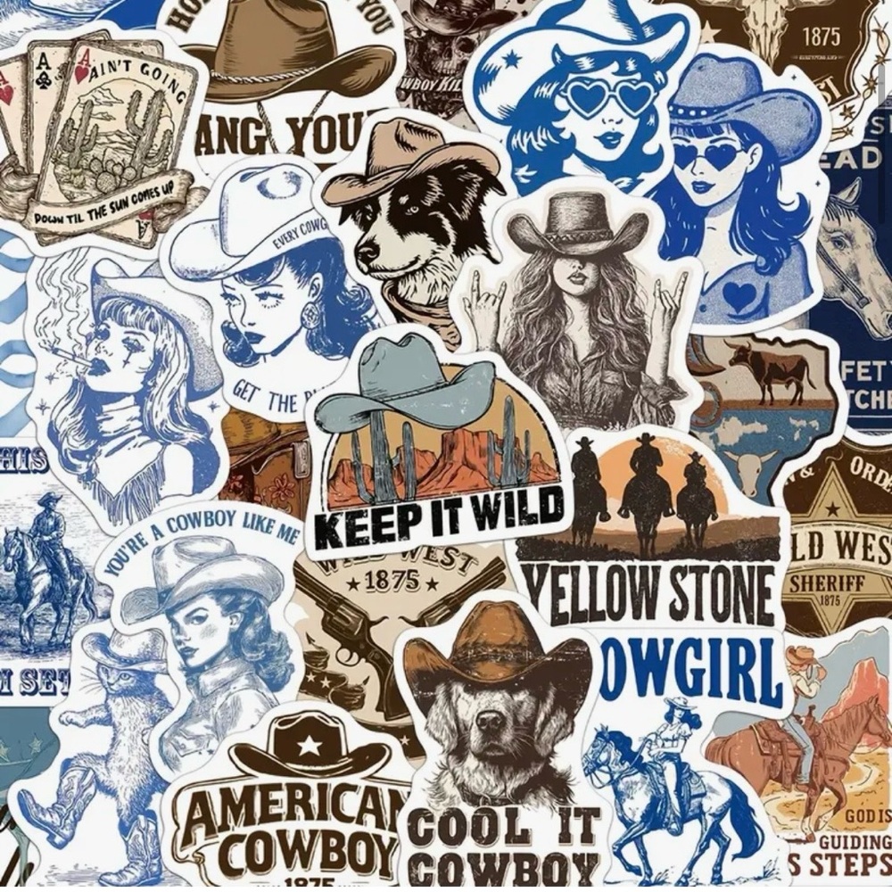 50 Western Cowgirls Stickers Blue Brown